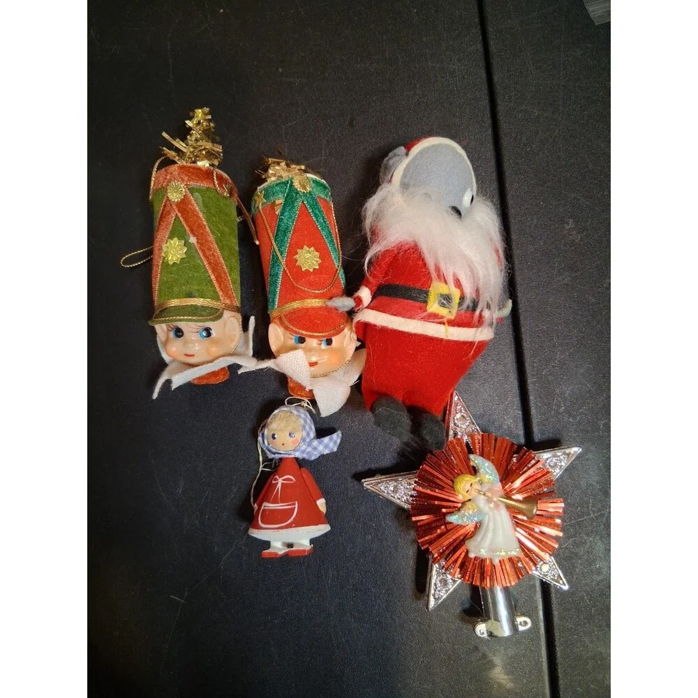 VINTAGE Kitsch 5 CHRISTMAS ORNAMENTS  ELF Soldier Santa Mouse Star Angel Girl